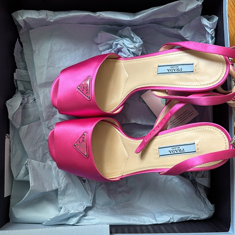 Prada Pink Platform Heels Logo Satin Sandals Open Toe 39.5 - Picture 4 of 6
